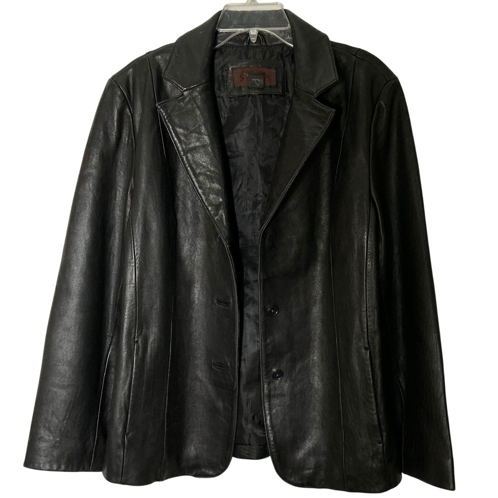 Siena G-III Black Leather Blazer Jacket Womens Size 14‎ Three Button Lined Coat